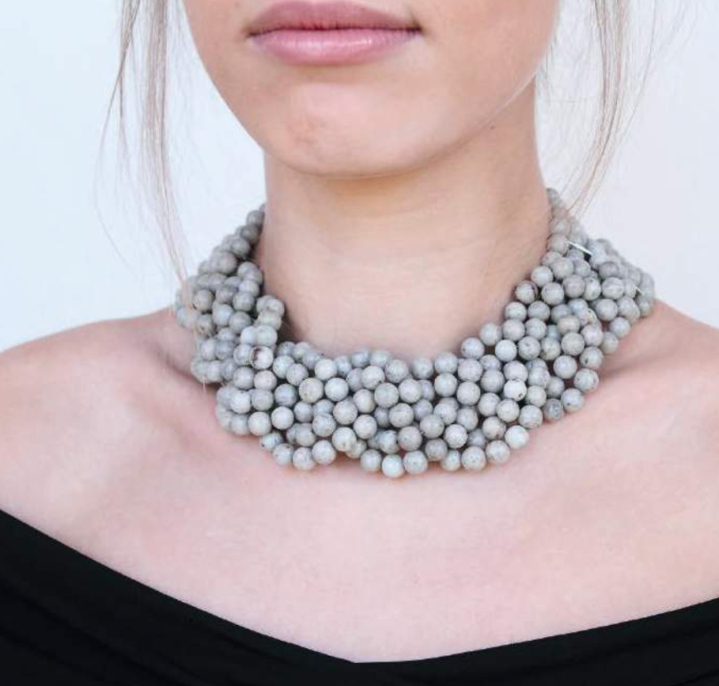 Braided collier necklace of grey feldspar with ss clasp