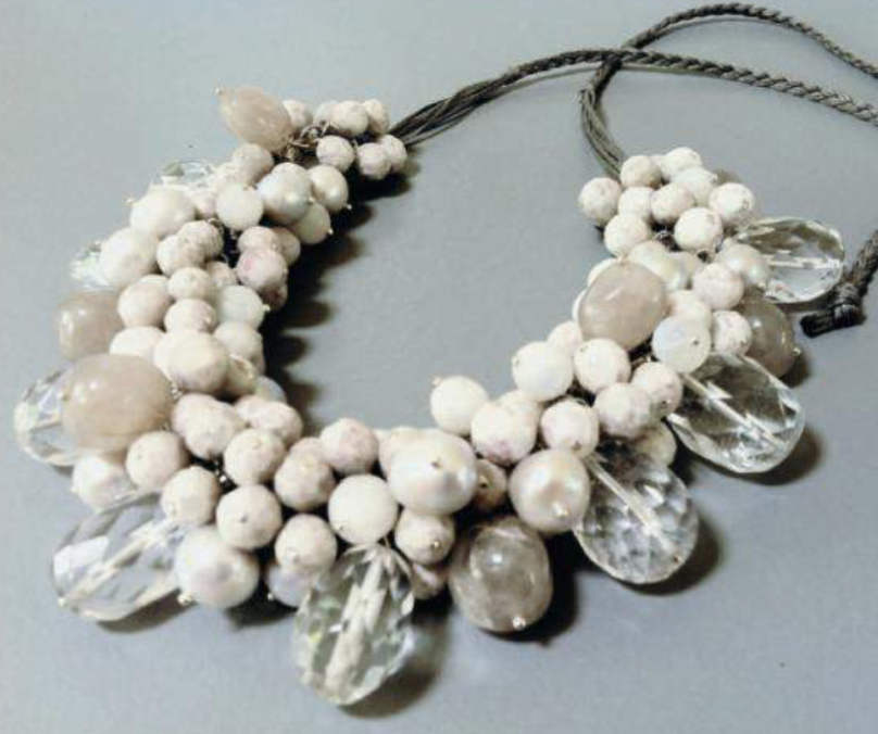 Demi charm necklace of faceted quartz feldspar pearl on grey cord