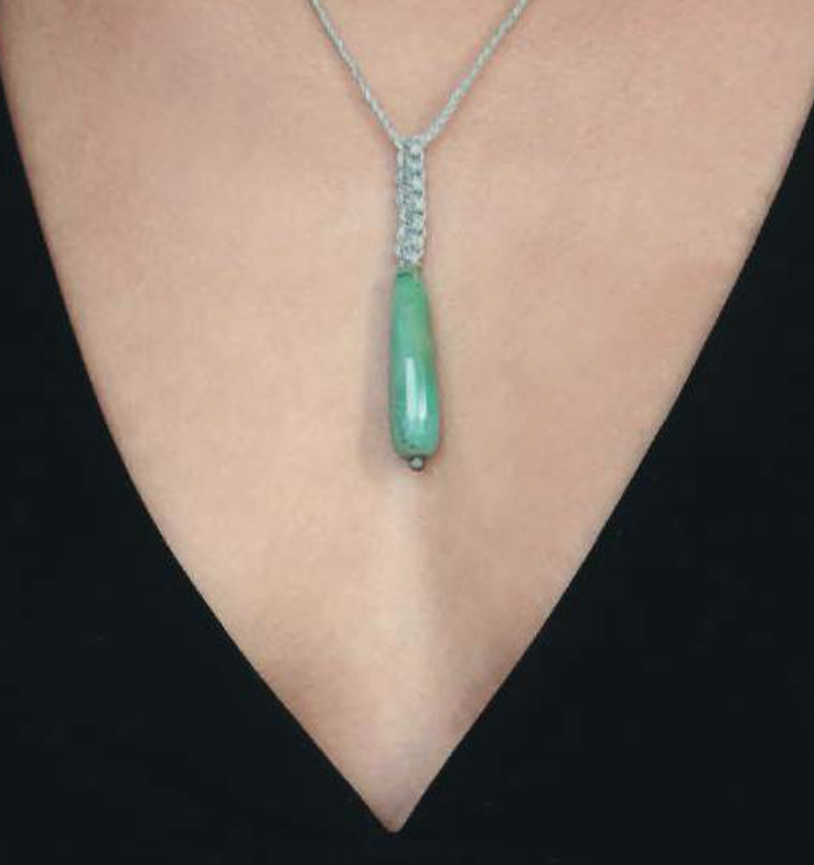 Pendant necklace of chrysoprase on macramed light gray cord Drop pendant